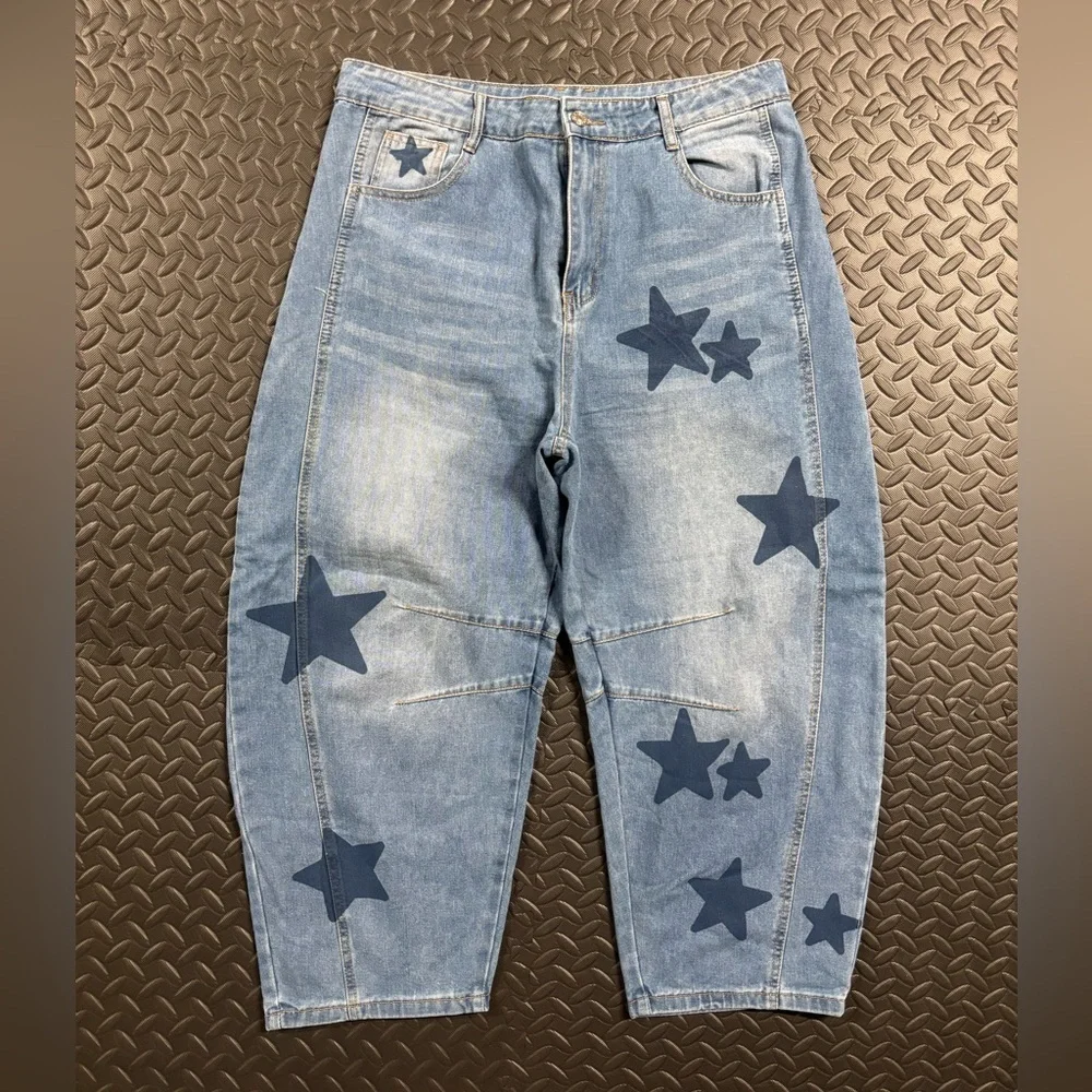 Y2K Style Star Print Barrel Jeans Women’s Medium Cropped Statement Denim - Picture 2 of 11